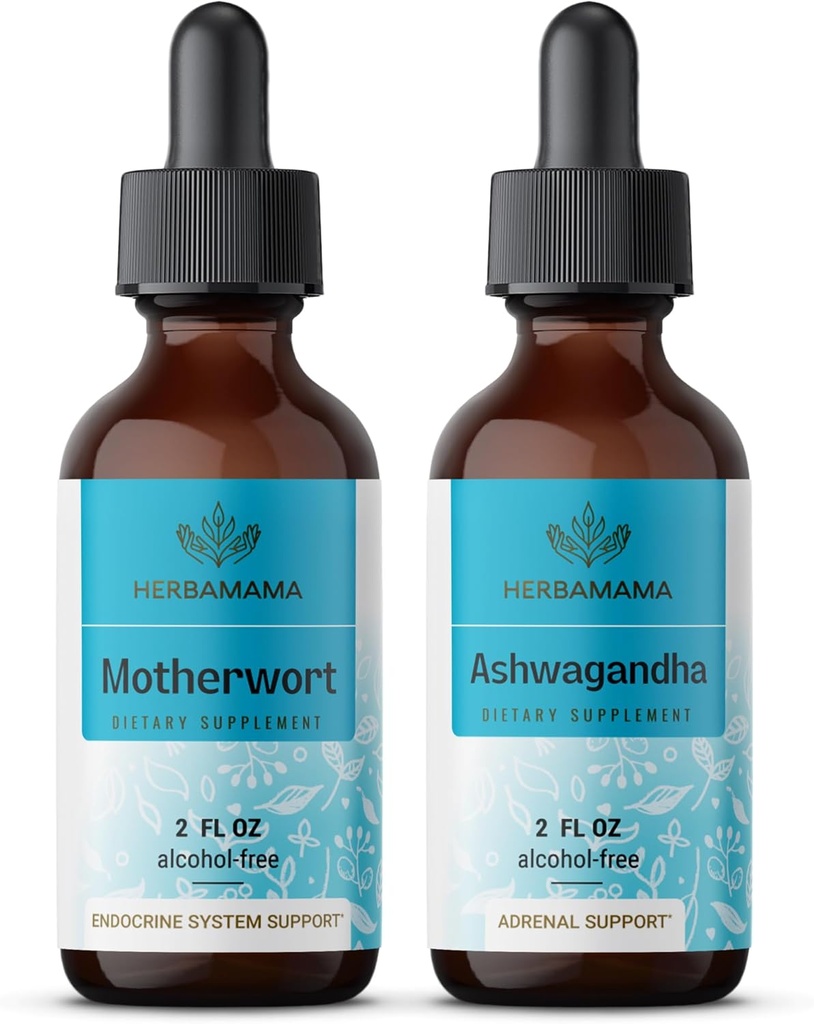 HERBAMAMA Zeliščne tekoče kapljice Kit - paket izvlečka in Ashwagandha Tinkture 2 fl oz - Vegan, Non-GMO, Sugar & Alkohol-free - 2 paket