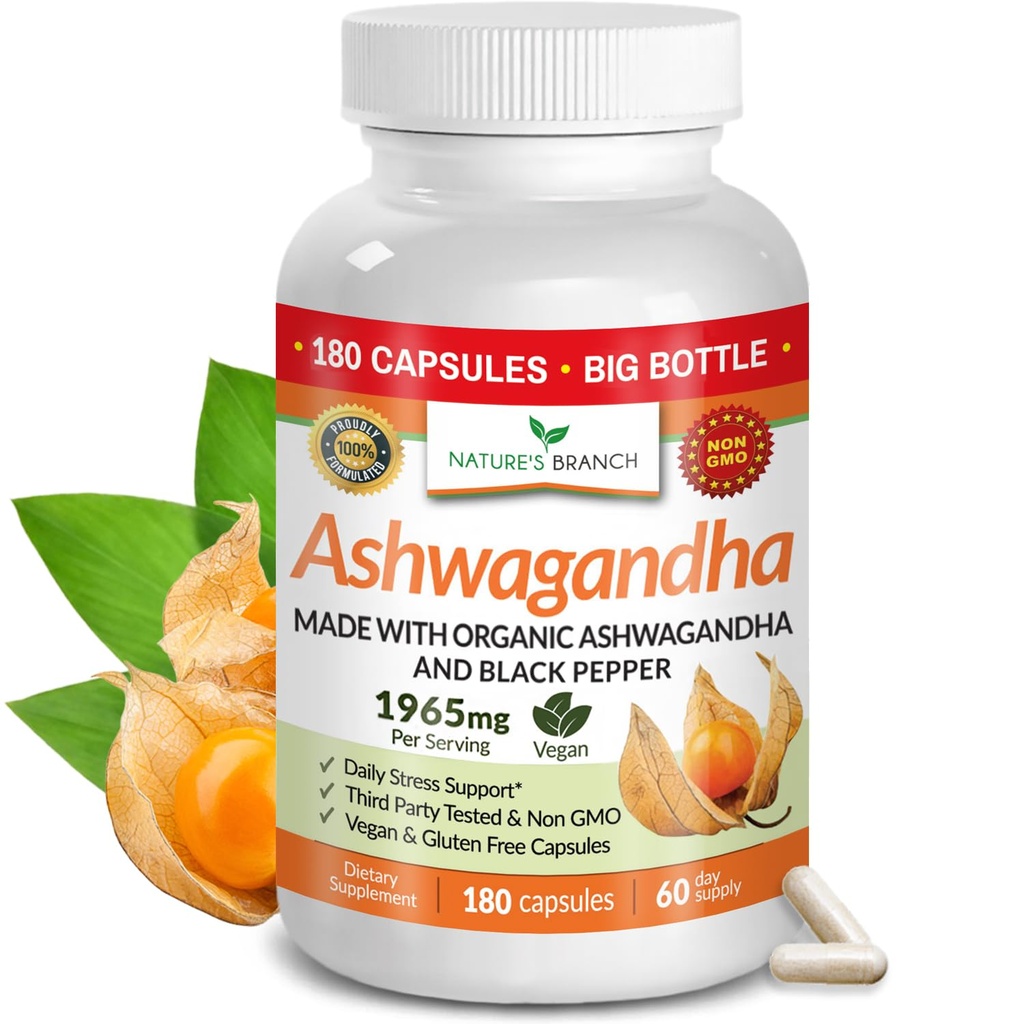 UDAF Preverjena organska Ashwagandha s črnim poprom - 180 kapsul - 1965mg Dodatna moč za stres, spanje, razpoloženje, ščitnica, Fokus, Hair, Vegan Pure Root Extract Powder - Moški in ženske dodatki