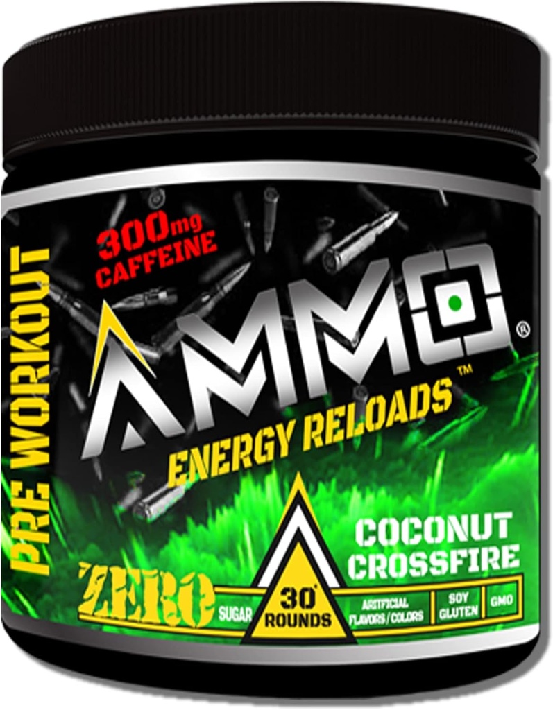 AMMO ® Energy ReloadsTM Pre Workout Powder - 300mg Caffeine Zero Sugar Vital Aminos in elektroliti Brez umetnih arom ali barv (Coconut Crossfire)
