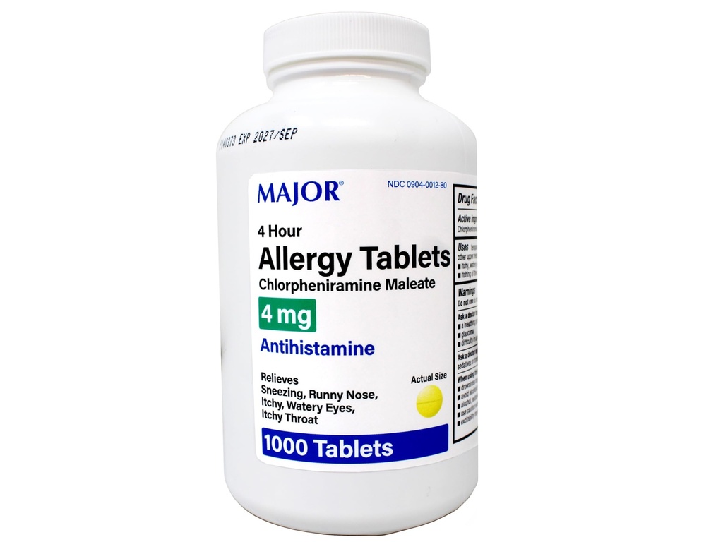 Pomembne tablete za alergije, Klorfeniramin Maleat 4 mg, antihistaminik 4 ur, 1000 tablet