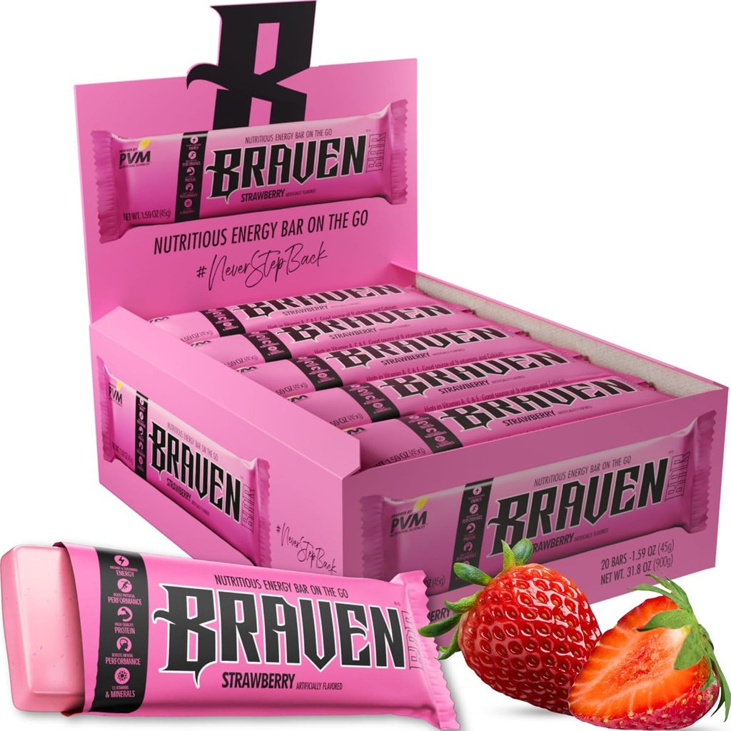 Hrabri bar Jagodne energijske palice (1.59 oz, paket 20) – energijski žveči s 5g proteini – na-the-Go energijski prigrizki za tek, pohodništvo in šport - Gluten brezplačni prigrizki za trajno povečanje energije