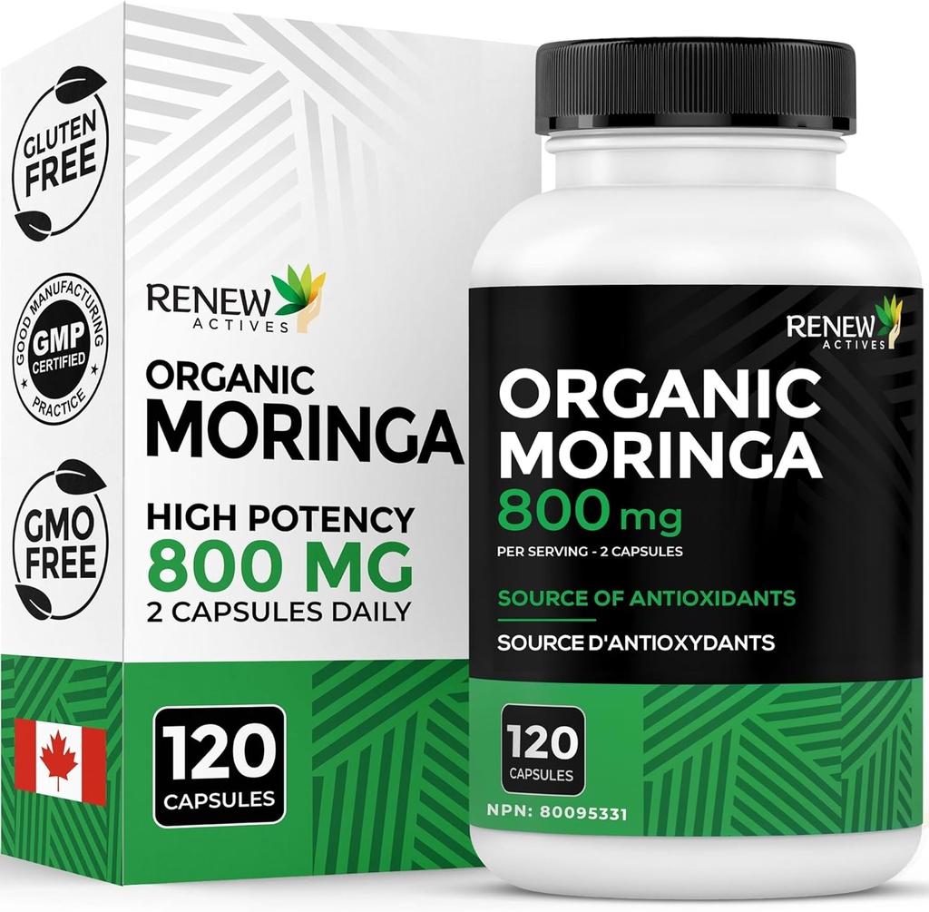 Obnovitev Actives Moringa Leaf Supplement 800MG na 2 Kapsule- Antioksidant-Rich Moringa Oleifera - Spodbuja dobro zdravje in dobro počutje - enostavno pogoltniti - Izdelano v Kanadi - 120 kapsul