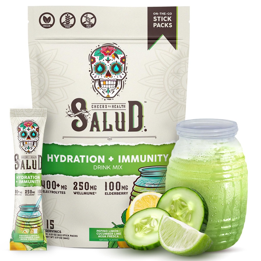 Na zdravje 2-v-1 Hidracijski paketi + elektroliti Imuniteta v prahu, Cucumber Lime - Agua Fresca Drink Mix, Elderberry, Dairy & Soy Free, Non-GMO, Gluten Free, Vegan, Low Calorie, 1g Sladkor (15 Serving)