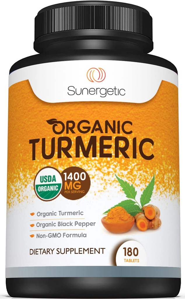 Sunergetic USDA Certified Organic Kurkuma dodatek – Vključuje organske Kurkuma in ekološko črni poper – 1.400mg kurkuma na Serving - 180 Število (Pack od 1)