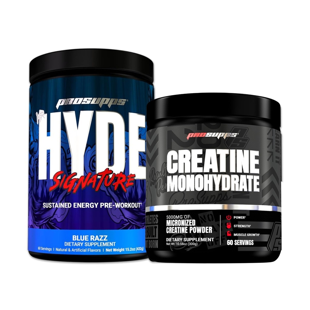 PROSUPPS Hyde Signature Trajna energija Pred treningom, Modri Razz - 60 Serving, in Kreatin 300 paket