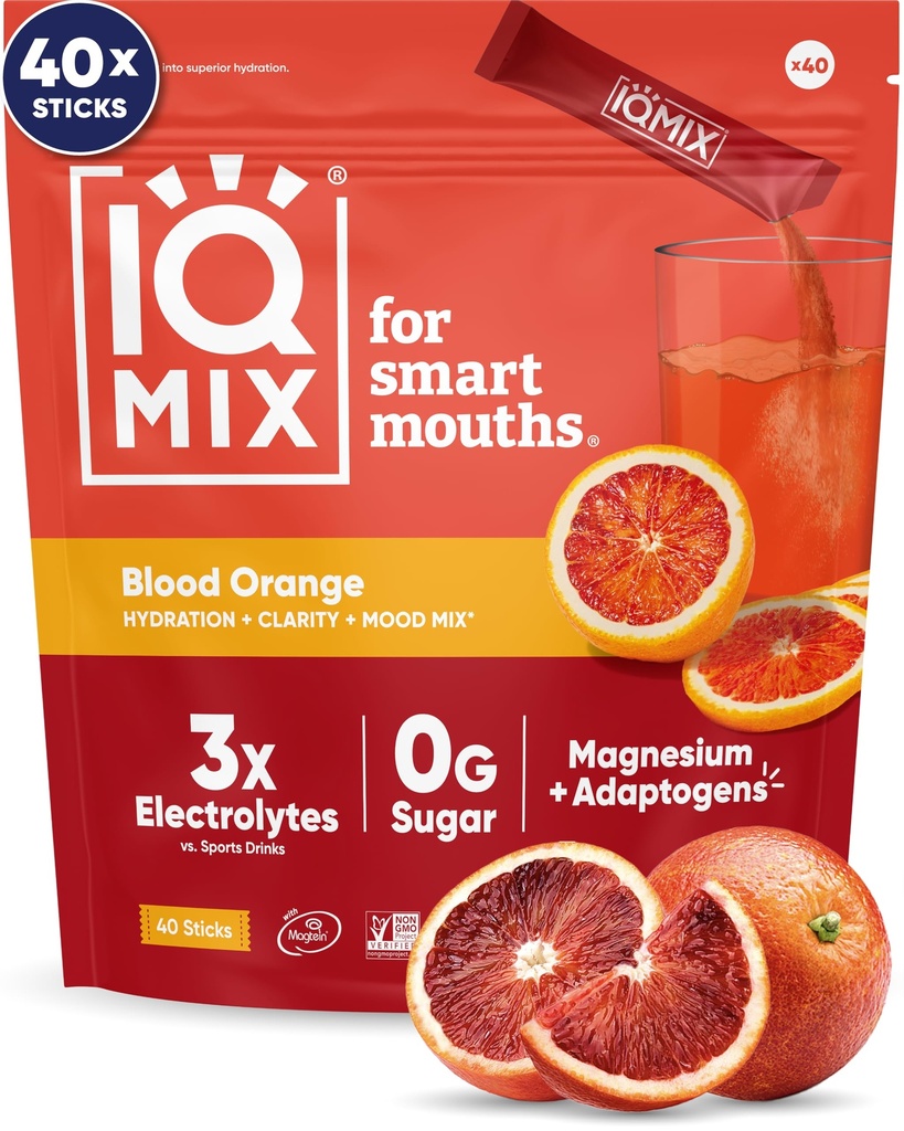 IQMIX Hidracija Elektrolitni prašek – 4-v-1 Formula za hidracijo, mentalno jasnost, razpoloženje in regeneracijo – pijača brez sladkorja Miks, Keto, magnezijev L-treonat, levja griva – 40 Count Blood Orange