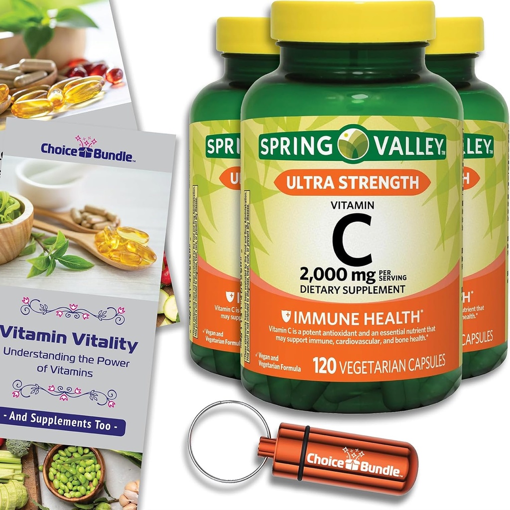 Choice Bundle Spring Valley Ultra Jakost Vitamin C Kapsule Prehranska dopolnila 2000 mg 120 Ct 3 pk (360 skupaj) + Vitamin Guide & Pill Container (5 izdelkov)!
