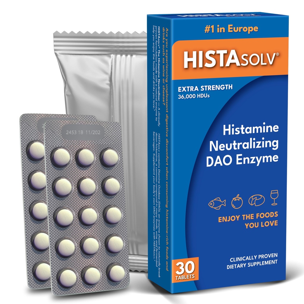 HISTAsolv Extra Strength DAO Enzyme Supplement for Histamine Food Intolerance - Laases Digestive Discomfort - Patented Tech - Izdelano v Avstriji - 30 Pack