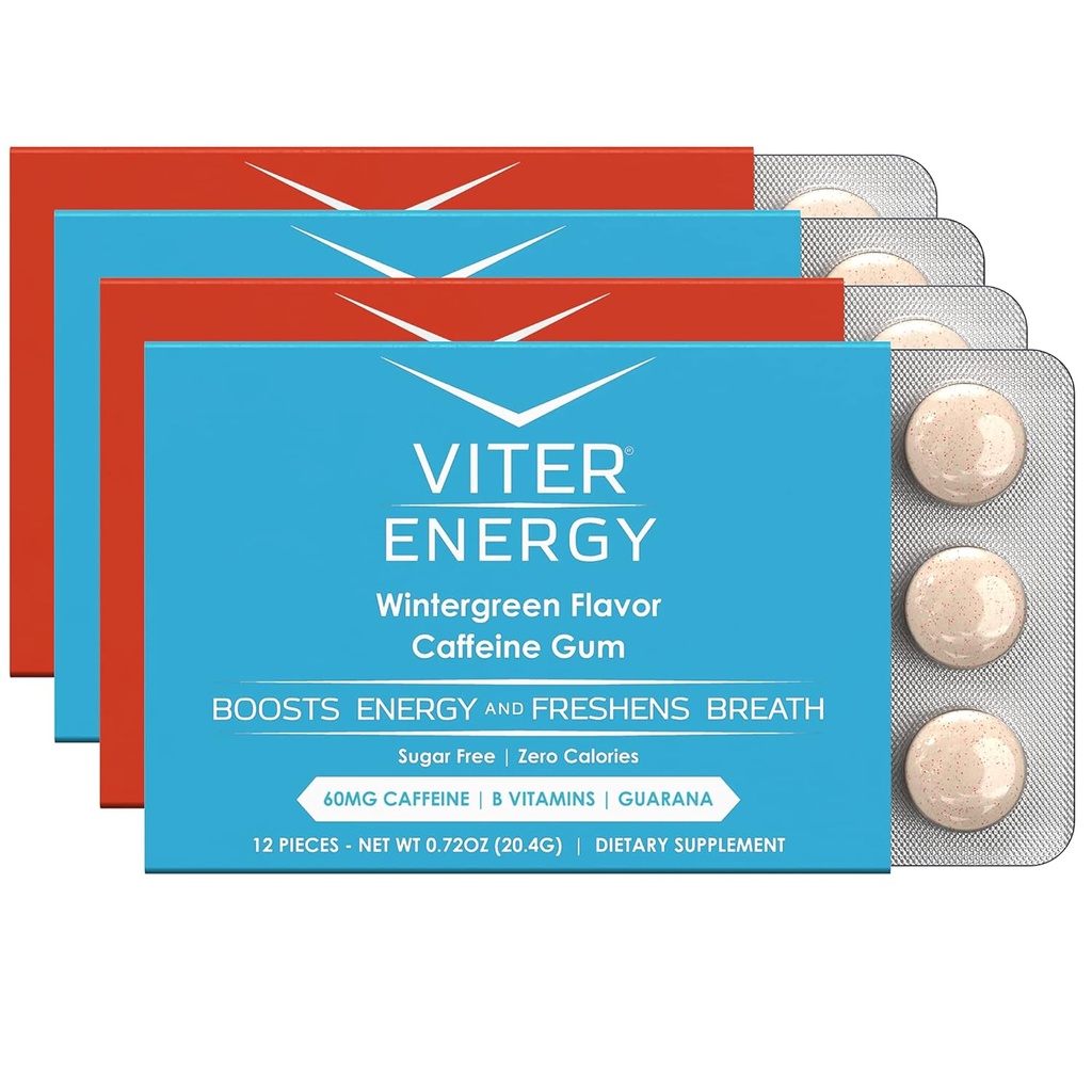 Energija Viter Kofeinirani gumi 60mg kofein, B vitamini, Guarana, brez sladkorja. (Variety, 12kos, 4 pakiranje)