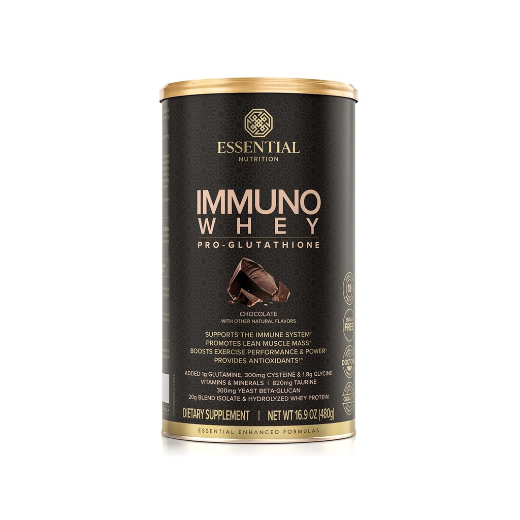 Essential Nutrition Immuno Whey - Izolirni in hidrolizirani sirotkini proteini v prahu z dodanimi aminokislinami v podporo proizvodnji glutationa - Beta Glucan - čokolada - 16.9 oz (15 Servingov)