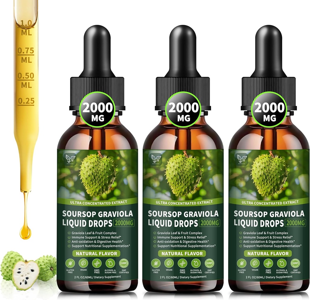 (3 pakiranja) Soursop Graviola Tekoče kapljice 2000mg, 98% Absorpcija za podporo celic in regeneracijo, Imunska okrepitev, Jetra, Zeliščna dobrota, Soursop Bitters Tekoča Sugar/Gluten Brez, naravna aroma, 6 Fl Oz