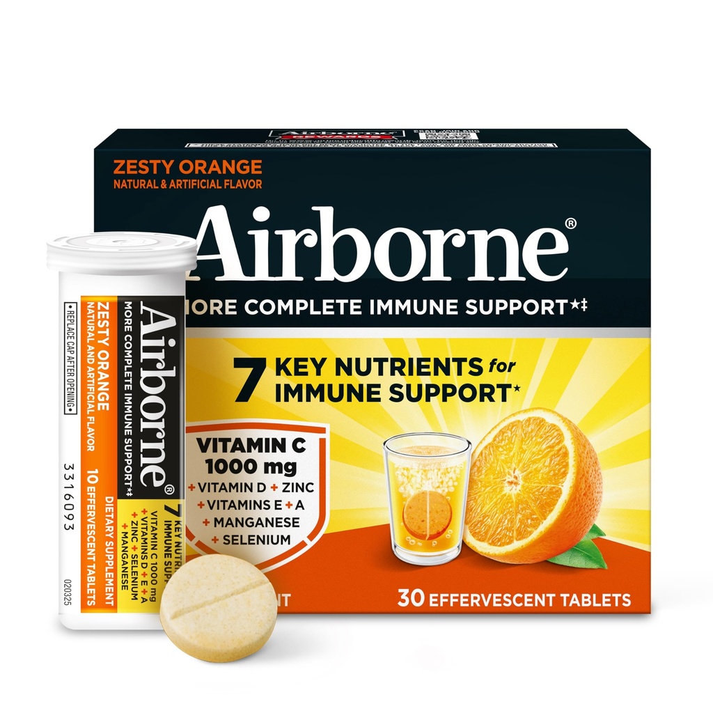 Zračni 1000mg Vitamin C + Cinkov sladkor brez multivitaminske imunske podpore Šumeče Fizzy Drink tablete, Zesty Orange aroma z zmogljivimi antioksidanti Vitamini A C & E, 30 tablet