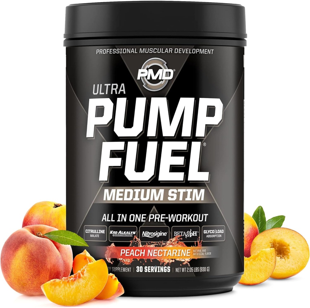 PMD Sports Pump Fuel Ultra Medium Stim - Premium Preworkout Powder & Muscle Pump, večji fokus, vzdržljivost in okrevanje, Premium Kreatin, Arginin & Beta Alanin - Peach Nectarin (30 strežajev)