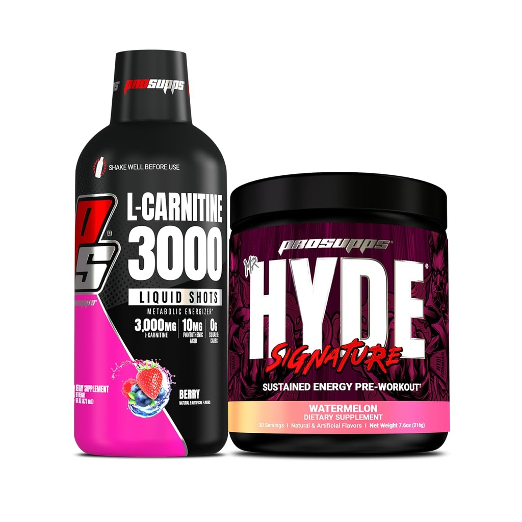PROSUPPS L-Carnitine 3000 brez stimulantnih tekočinskih strelov (31 strežnikov, Berry) in g. Hyde Signature Series Pred-workout Energy v prahu pijača (30 strežnikov, lubenica)