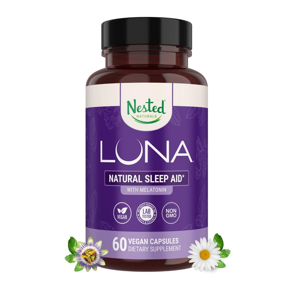 Nested Naturals Luna Sleep Aid - Ne-Habit Oblikovanje naravne uspavalne tablete za odrasle z naravno izvornih sestavin - Valerian Root, Melatonin, Kamilica, Lemon Balm, in več - 60 Veganske kapsule