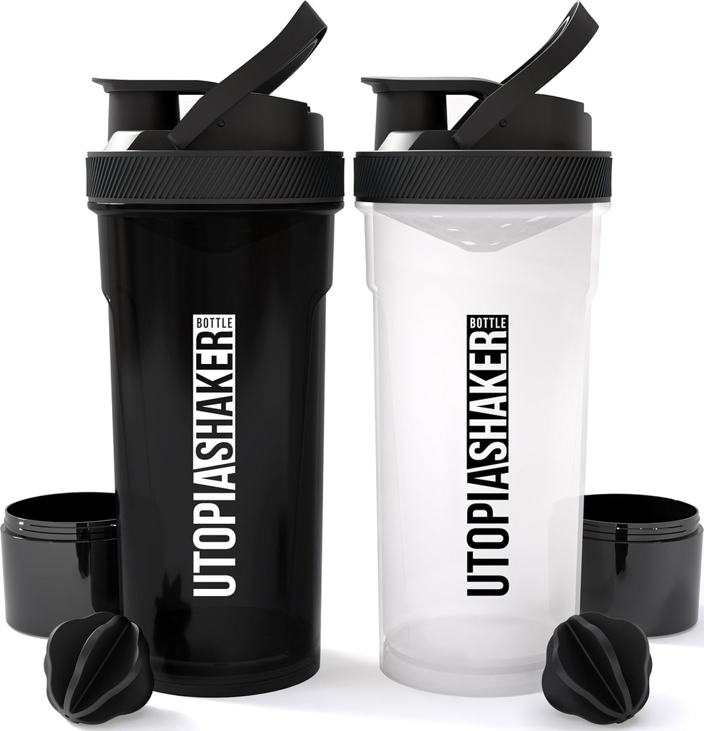 Utopija Domov Shaker steklenica 2 Pakiranje - 24 Ounce Plastic Protein ali Cocktail Shaker Steklenica za pred in post vadbo z Twist & Lock protein Box shranjevanje (All Black & Clear / Black)