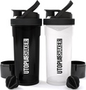 Utopija Domov Shaker steklenica 2 Pakiranje - 24 Ounce Plastic Protein ali Cocktail Shaker Steklenica za pred in post vadbo z Twist & Lock protein Box shranjevanje (All Black & Clear / Black)