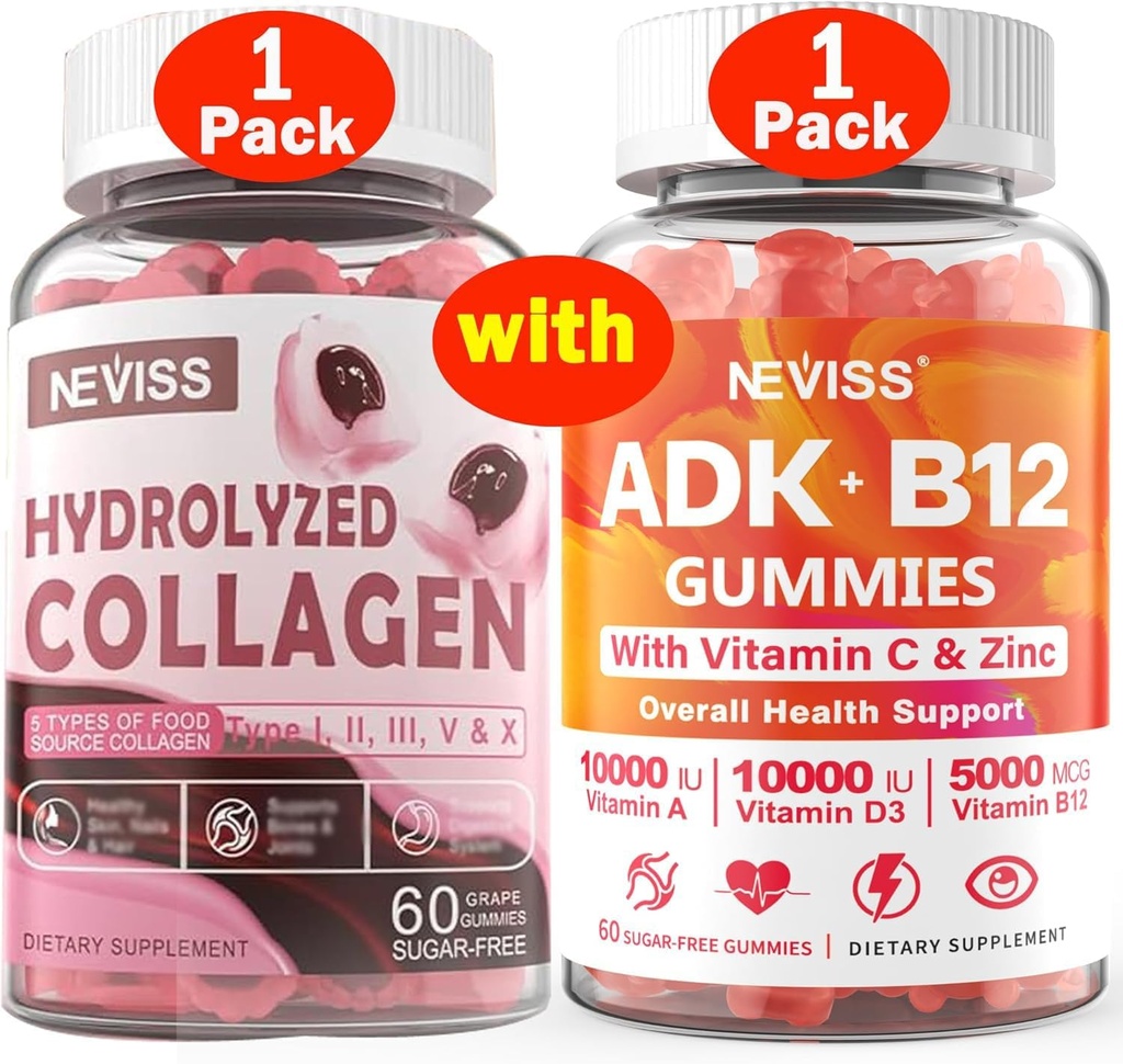 NEVISS 1Pack hidrolizirani kolagen Gumies + 1Pack vitamin ADK z B12 Gumies
