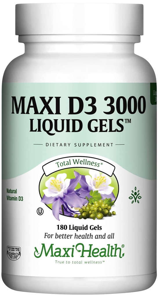 Maxi Health Vitamin D3 3000 i.e. 75 mcg Vitamin D dodatek za zdrave kosti, zobje, Imunska podpora - VIT D3 dodatek Enostavno pogoltniti ne-GMO, Dopolnilo za moške in ženske – Košir 180 Gels
