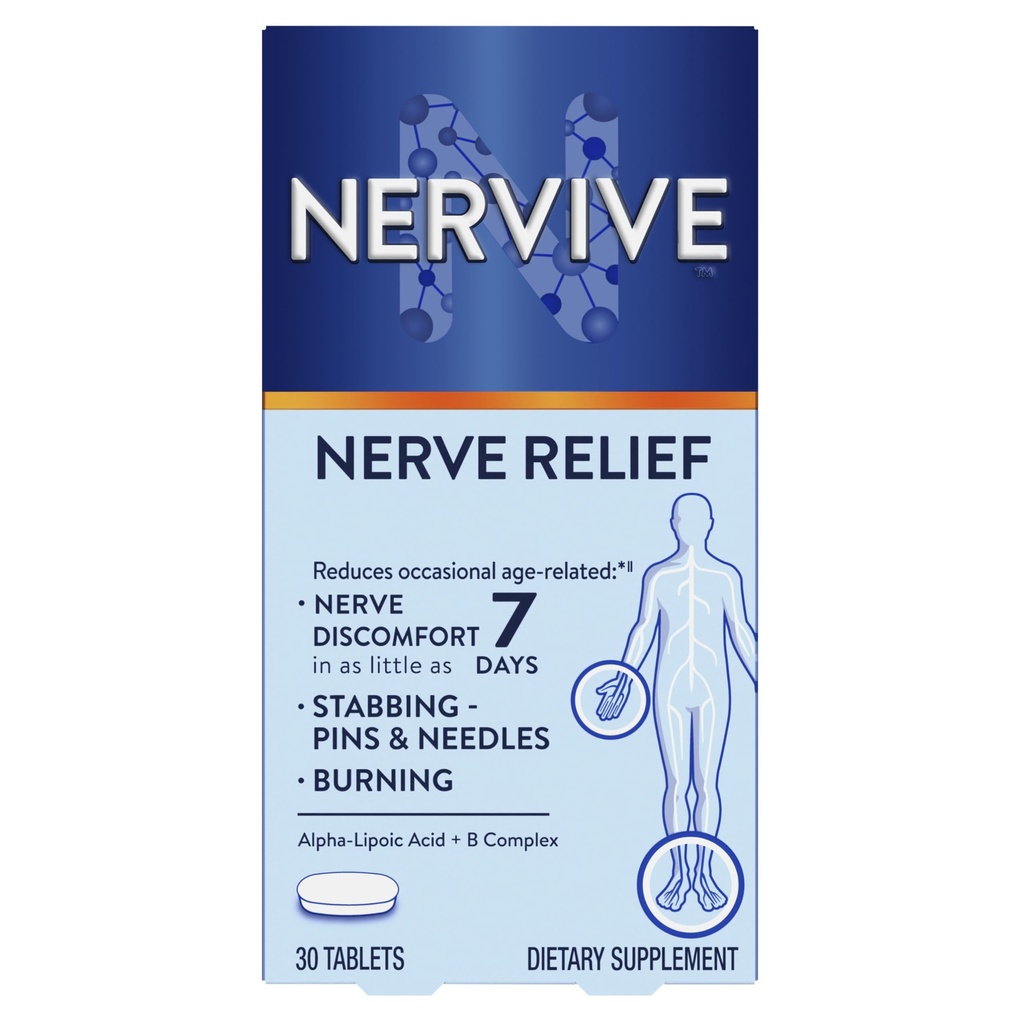 Nervive Nerve Relief, občasno živec nelagodje II, živec Relief, začne delo v 7 dneh, Zabadanje, gorenje, Alfa Lipoična kislina, B Vitamini, Kurkuma, Ginger, Nervive dodatek, 30 Tablete