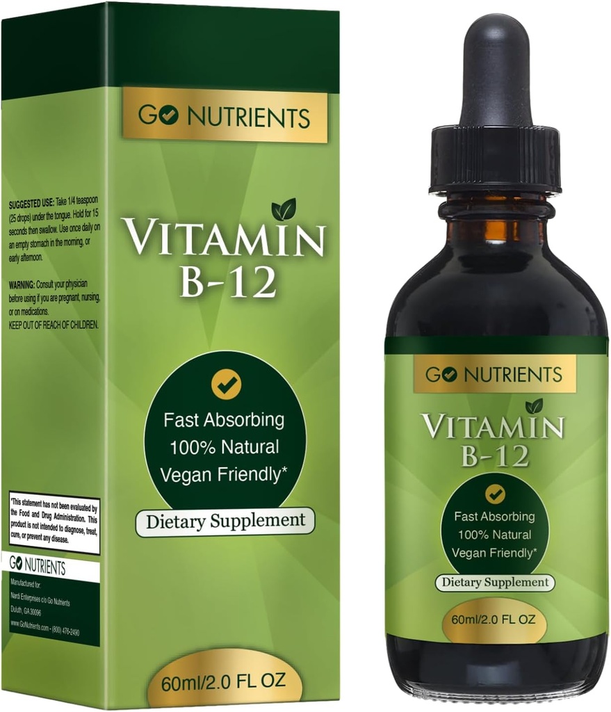 Go Nutrients Vitamin B12 Podjezični Metilkobalamin – B-12 Tekoči kapljice 3000mcg, Organic Raspberry Flavor, Vegan – Podpira energijo, Živčno zdravje in nastajanje rdečih krvnih celic - 2oz (48 Servings)