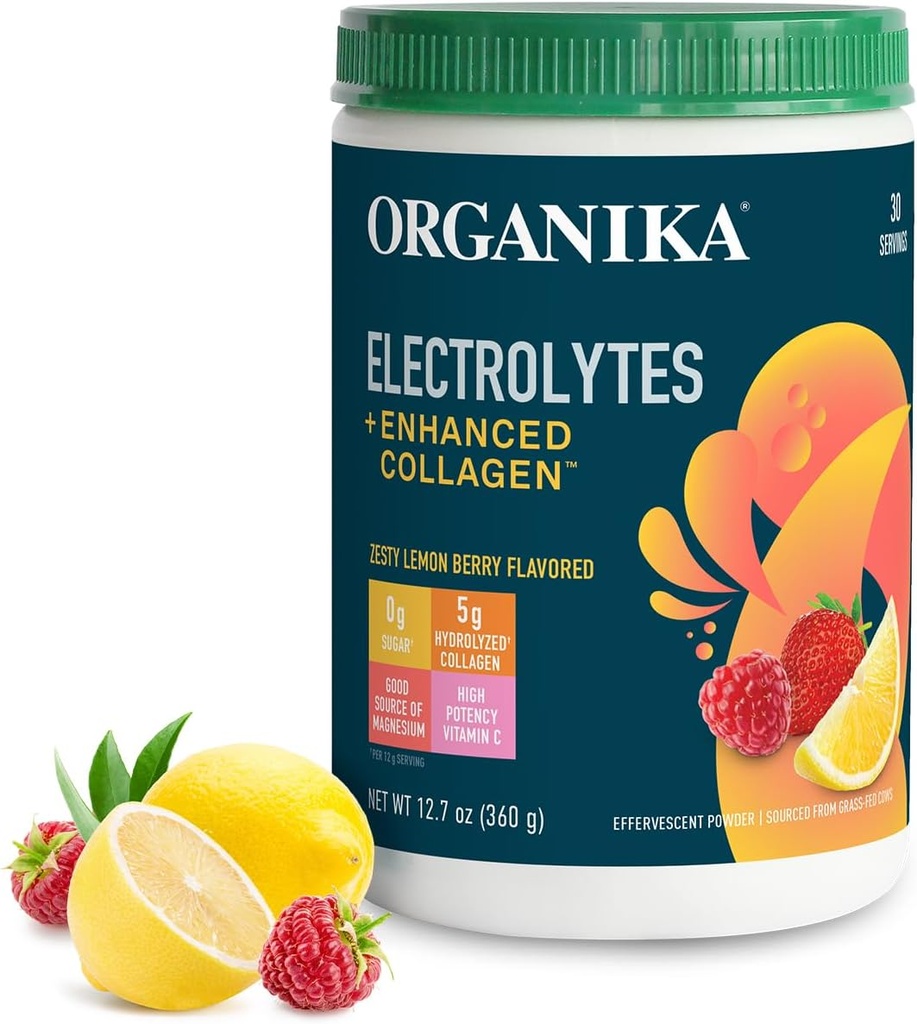 Organika Elektroliti z izboljšanim kolagenskim praškom za ženske in moške - 13 oz - Zesty Lemon Berry-Flavored Effervescent Electrolyte & Collagen Drink Mix - Deep Hydration, Mobility, Koža, Las, & Nails