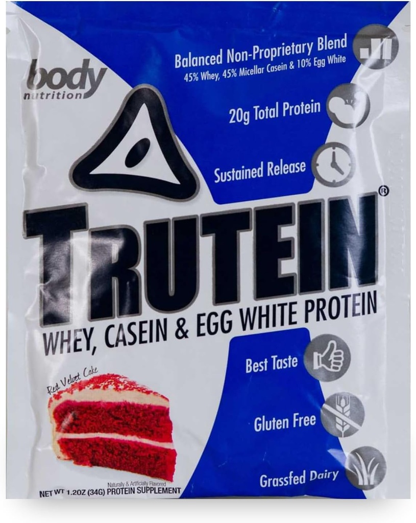 Body Nutrition Trutein High Protein Powder: 45% Whey, 45% Kazein, 10% Jajca bela, Gluten-free, Nizki natrij, Grass Fed Whey Protein Powder, Gym Supplement & Break Shake, Red Velvet Cake, 34g Vzorec