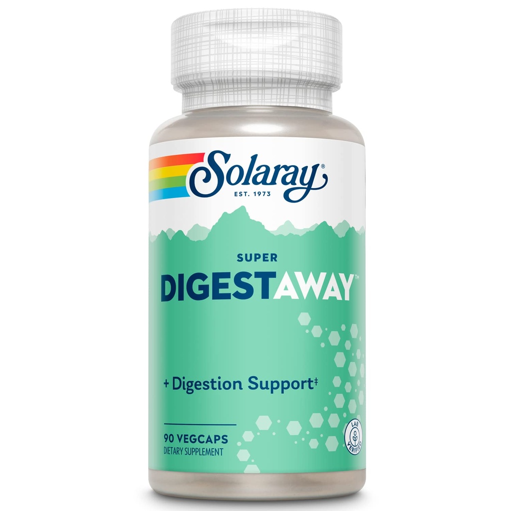 SOLARAY Super Digestaway Prebavni encimi - Pankreatin, Papain, Ginger, Pepsin, Betain HCl, Aloe Vera, in več - Prebava & Nutrient Absorpcija Podpora - Laboratorij preverjeni - 90 VegCaps