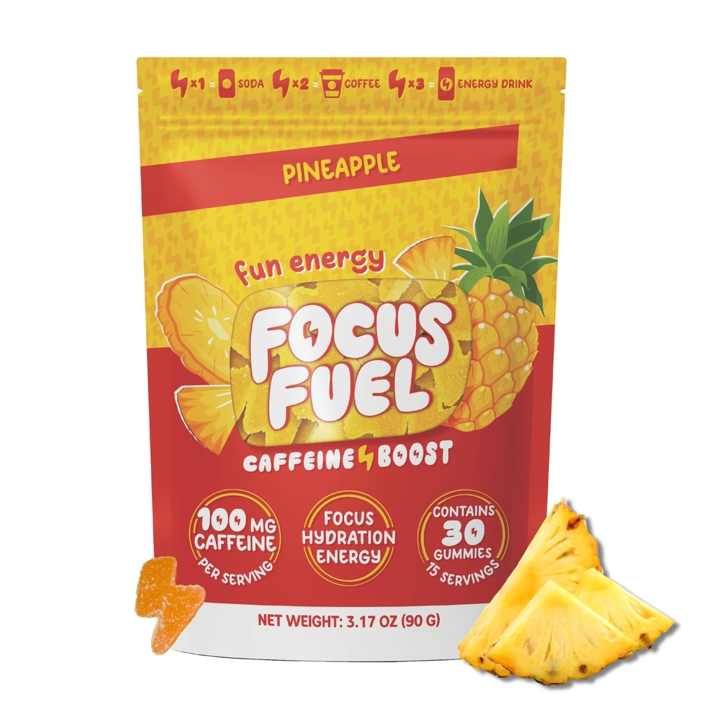 FocusFuel Energy Chews – Ananas Flavor (15 Servings) – 100mg Kofein + Alfa GPC + L-teanin + B12, Magnezij – Tropical Energy Boost – Brez Crash ali Jitters