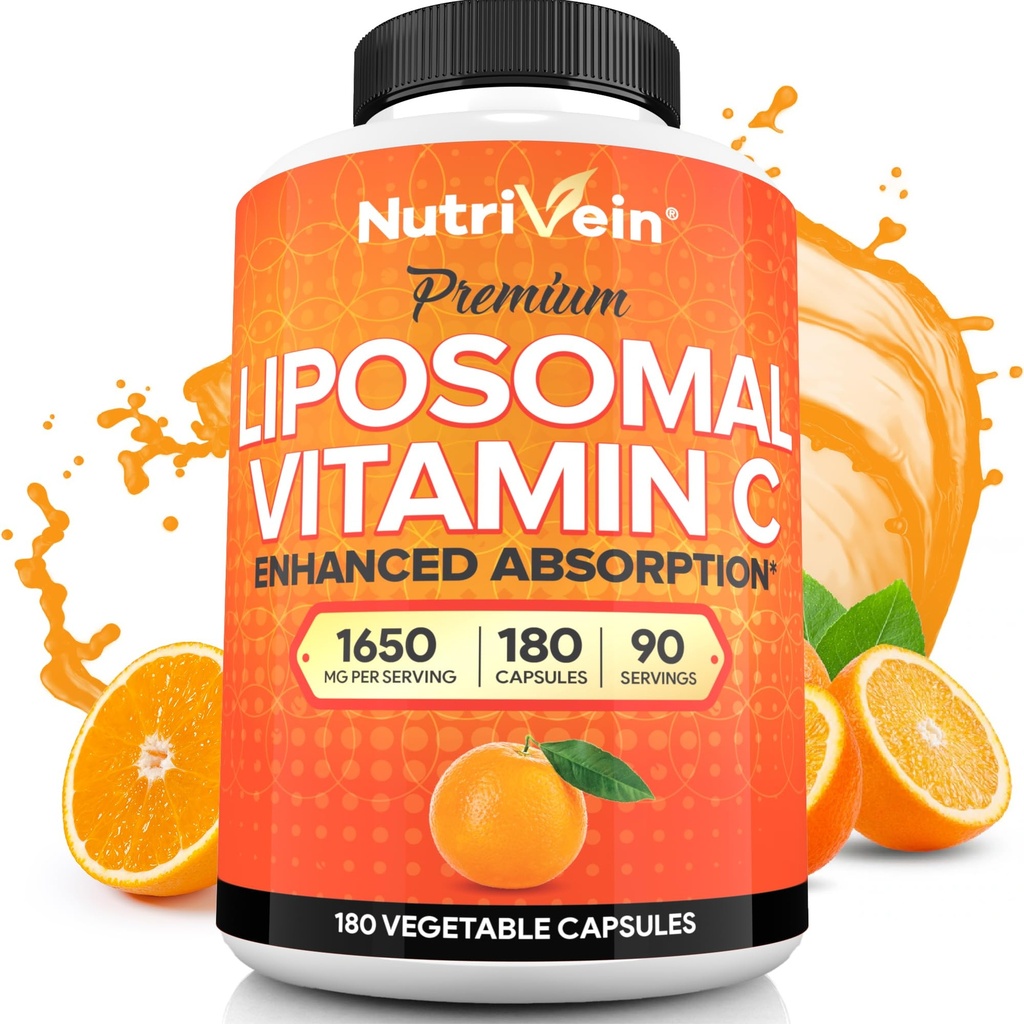 Nutrivein Premium Liposomski Vitamin C Dodatek 1650mg - 180 Kapice: Visokoabsorpcijska visoka doza Vitamin C Kapsule za celotno obrambo in splošno dobro počutje