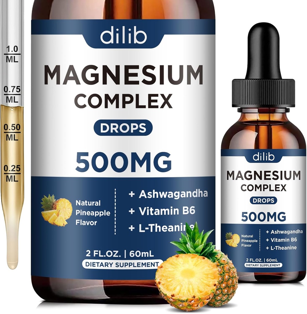 Trojni magnezijev kompleks dodatek-magnezij Glicinat, Citrat, Malate tekoče kapljice 500mg z Ashwagandha, L-Theanin, Vitamin B6 za mirno, Stress Relief, Spanje, Mišična podpora-Pineapple aroma