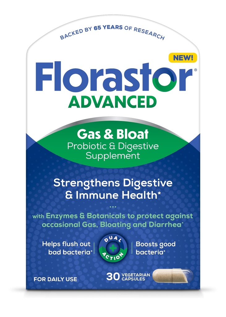 Florastor Advanced Gas and Bloat Probiotic, Prebavne encime in Botanicals, Plus Probiotics za digestivno zdravje, 30 kapsul