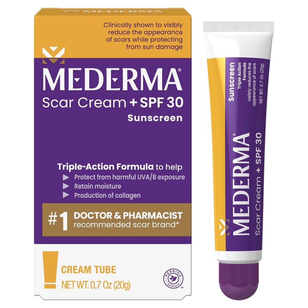 Krema Mederma Scar Plus SPF 30 - Napredno zdravljenje brazgotin, ščiti pred poškodbo sonca, zmanjša videz brazgotin iz akne, opekline, kirurgija in poškodbe, 0.7 oz