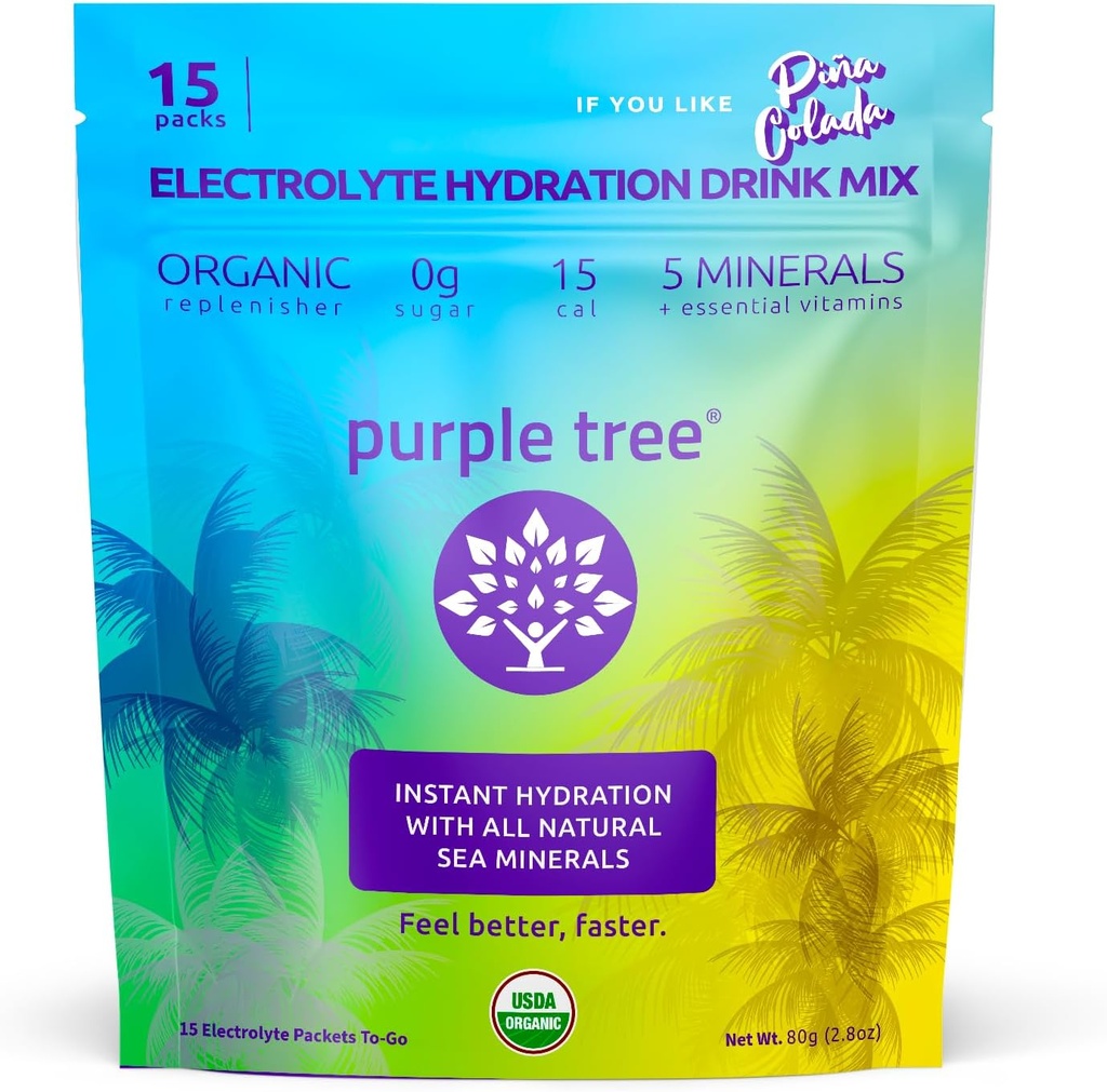 Vijolično drevo Ekološka elektrolit Hidracija Packets – Pina Colada Flavor, Sugar-free Hydration Packs za hitro rehidracijo, Dnevni elektrolitski pijača Mix za dehidracijo Relief, 15 To-Go Packs