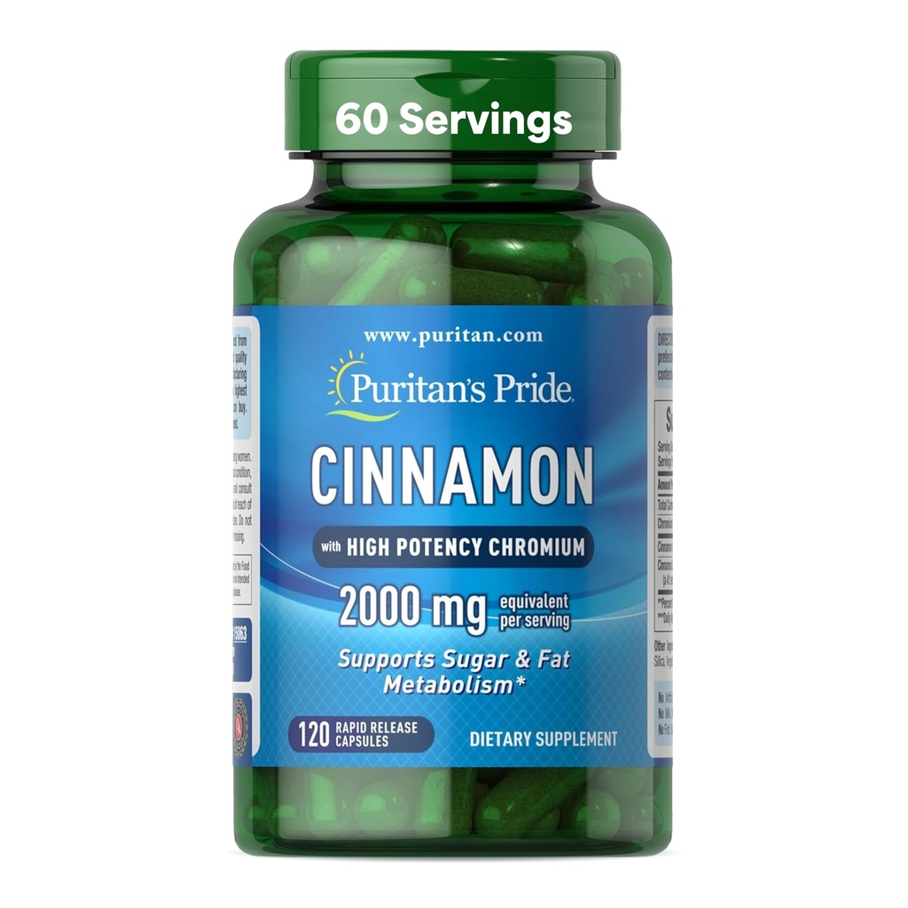 Puritan's Pride Cinnamon 875 mg (ekvivalent 2000 mg) z visoko potencialnim kromom, podpira sladkor, maščobo in zdravo presnovo hranil, celično energijo, 2 meseca dobave, 120 kapsul s hitrim sproščanjem