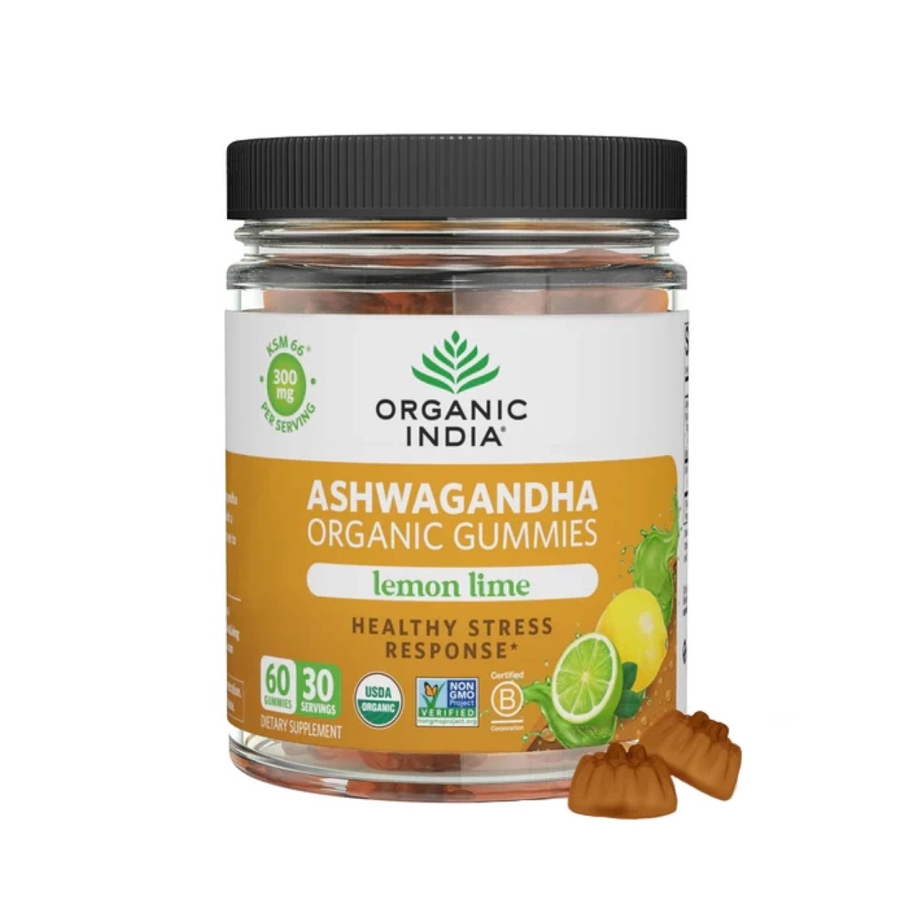 ORGANSKI INDIA Ashwagandha Gumies za moške in ženske - Stresni dodatek, KSM-66 Ashwagandha Koren, Dodatna moč, mirni žveči, Vegan, Non-GMO - limona lime, 60 Gumies