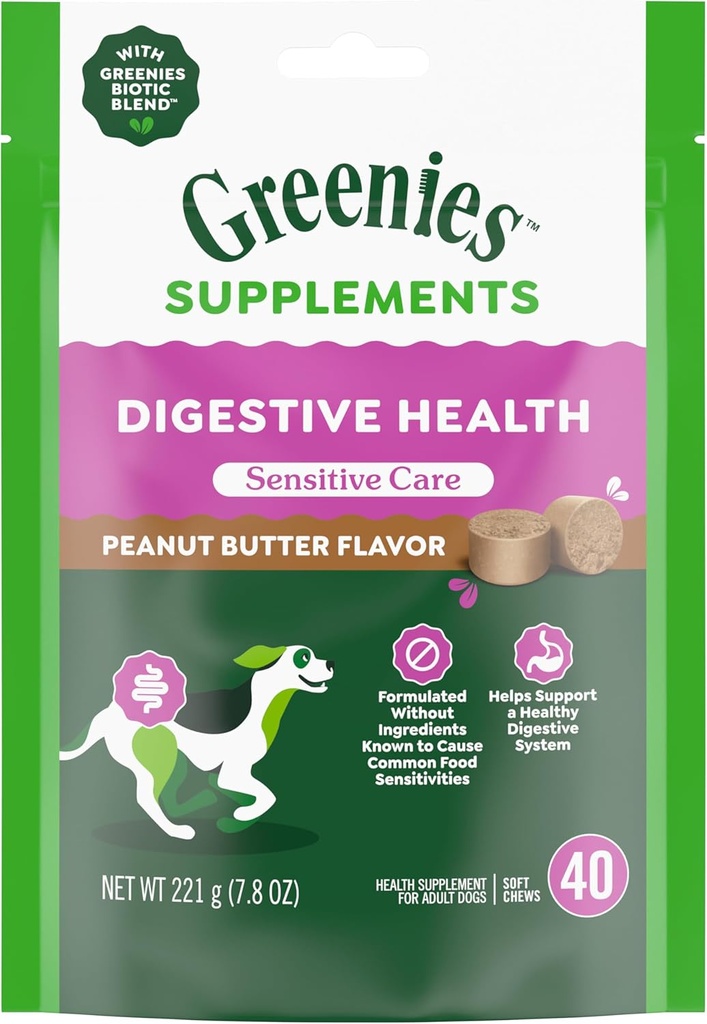 Greenies Sensitive Care Digestive Health Dog Supplement Chicken-free Formula, s probiotikom za pse, aromo arašidovega masla, 40 Count Pouch