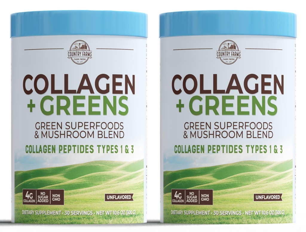 DRŽAVA FARMS kolagen peptidi v prahu z zelenimi dietnimi praški (tip I, III) za kožni lasni nohti in sklepe, mlečni/gluten/sladkor brez, energijska superživila, 21.2 Oz, 60 Servingov