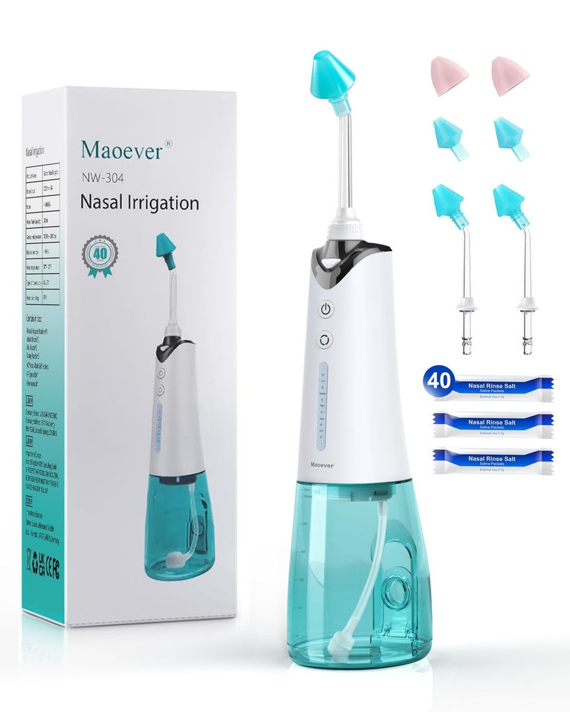 Nazalni namakalni sistem, Akumulatorski nazalni svinčev stroj za Sinus Relief & Nasal Care, električni Neti lonec s 6 nasveti in 40 Sol paketi Nazal namakanje Sinus Rinse sistem komplet za odrasle & Kid