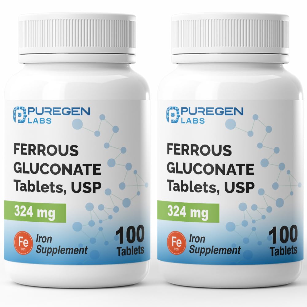 Puregen Labs Ferrous Gluconate 324 mg [High Potency] Železo dodatek, Nežen na želodec 