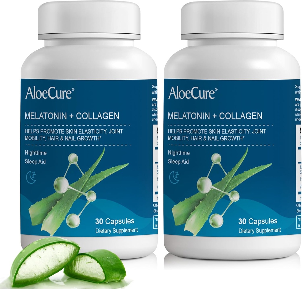 AloeCure Natural Melatonin + Kolagen z organsko Aloe Vera - Naravni dodatek za pomoč pri spanju za mirne noči - Kolagen kompleks za skupno moč, elastičnost kože, rast las in nohtov, 30 kapsul