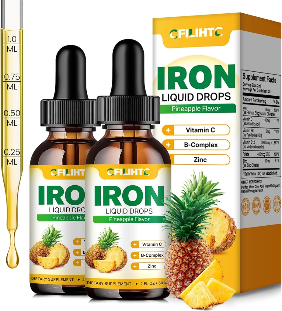 Tekoči železovi dodatki za ženske moške in otroke Multivitaminske železove kapljice s folatom, vitamin C, B6, B12, cink za anemijo, pomanjkanje železa, graditelj krvi, energija - naravni Ananasov okus, Vegan 4 Fl Oz