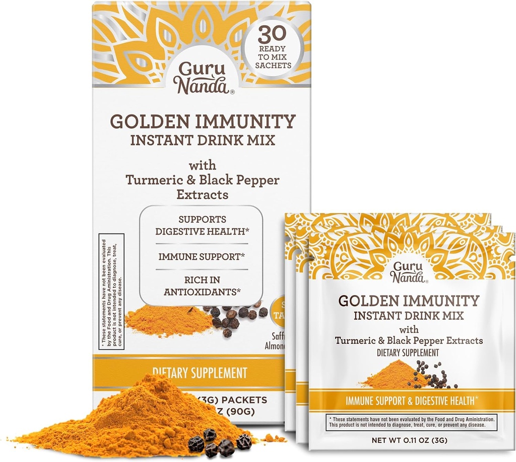 GuruNanda Golden Immunity Instant Drink Mešamo s kurkuma in črnim poprom - bogata z antioksidanti za podporo imunskega sistema in prebavnega zdravja - Saffron & Almond aromatizirana, On-The-Go Sachets (30 grof)