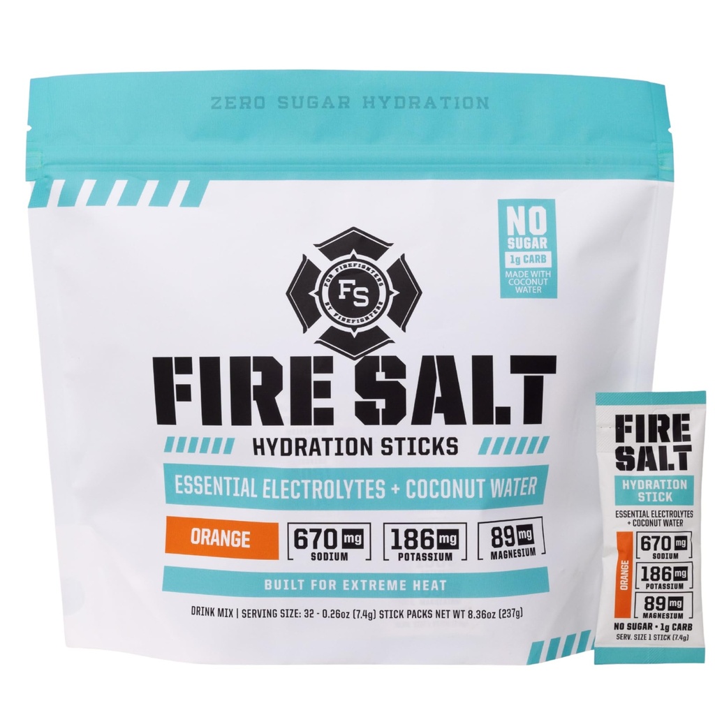 Fire Science Fire Salt Hydration Packs, Elektrolitis & Kokos voda, Hidracijska pijača Mešanica z magnezijem, Kalij & Natrij, Nič sladkorja, eno servo na Go Packs, Vegan, Orange Flavor, 32 Count