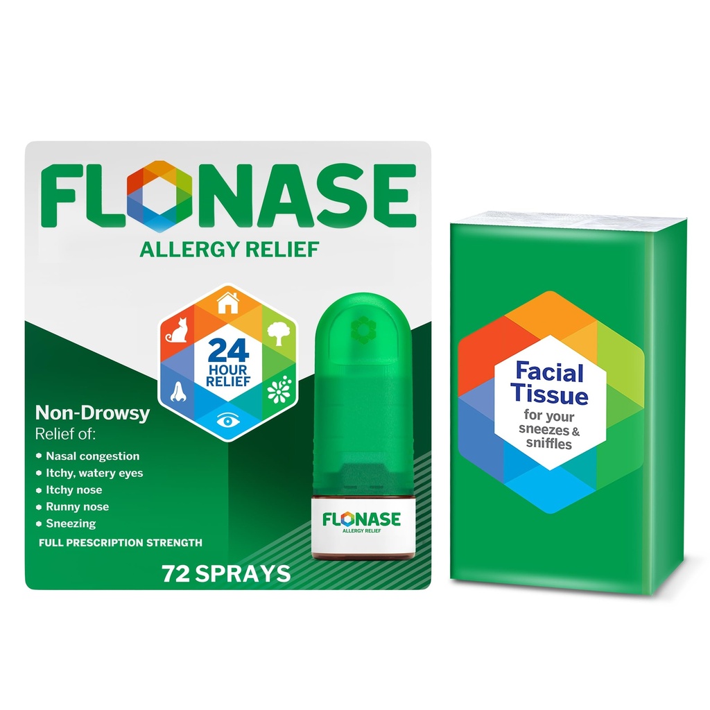 Flonase Alergija Relief nosni pršilo, 24-urno nezadržno multisimptomsko olajšanje - 72 pršila in bonusni paket tkiv