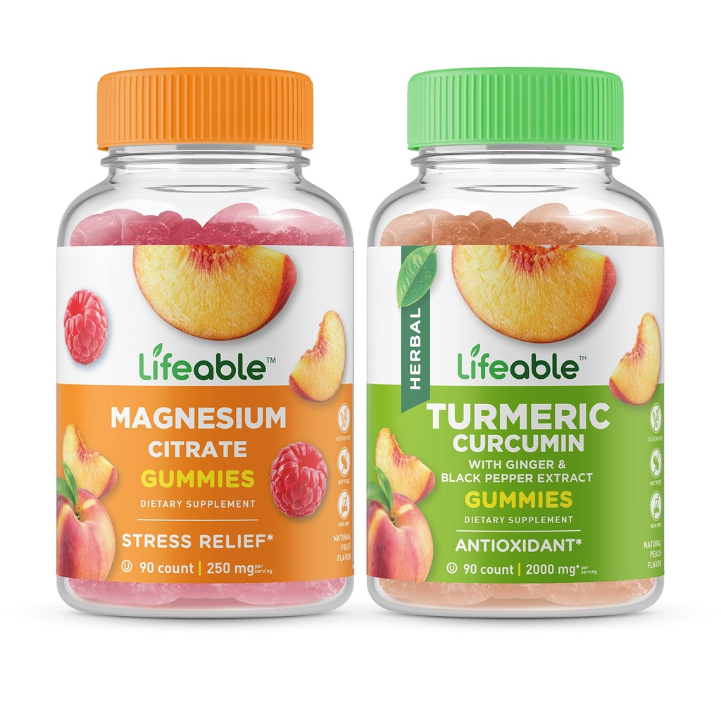 Življenjski Magnezij 85mg + Kurkumin, Gummies Bundle - odličen okus, Vitamin dodatek, Gluten brezplačno, GSO brezplačno, Žvečljivi gumi