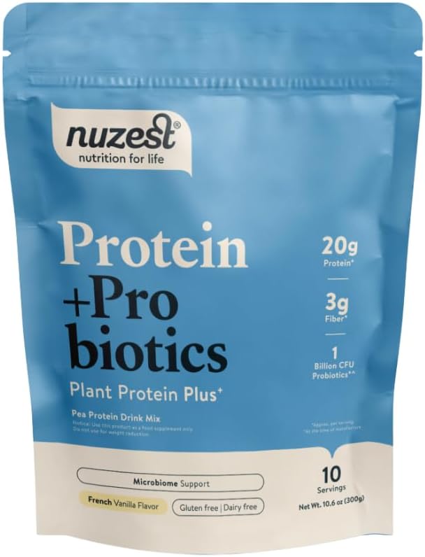 Nuzest - Beljakovine + probiotiki – Gut Health - Superfood Powder Plant Mešanica beljakovin - 300g / 10.6 oz Pouch (10 Servingov) (francosko Vanilla, 300g)