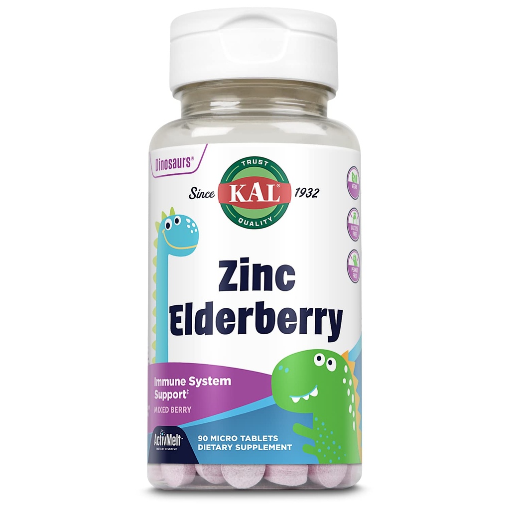 KAL Kids Cinc Elderberry Dinosaurs, Imunska podpora dodatek* za otroke w/ Sambucus Elderberry, hitro raztapljanje mešane Berry ActivMelts, Zabava, Okusno Dino Shapes, Vegan, 90 Servings, 90 Micro Tablets