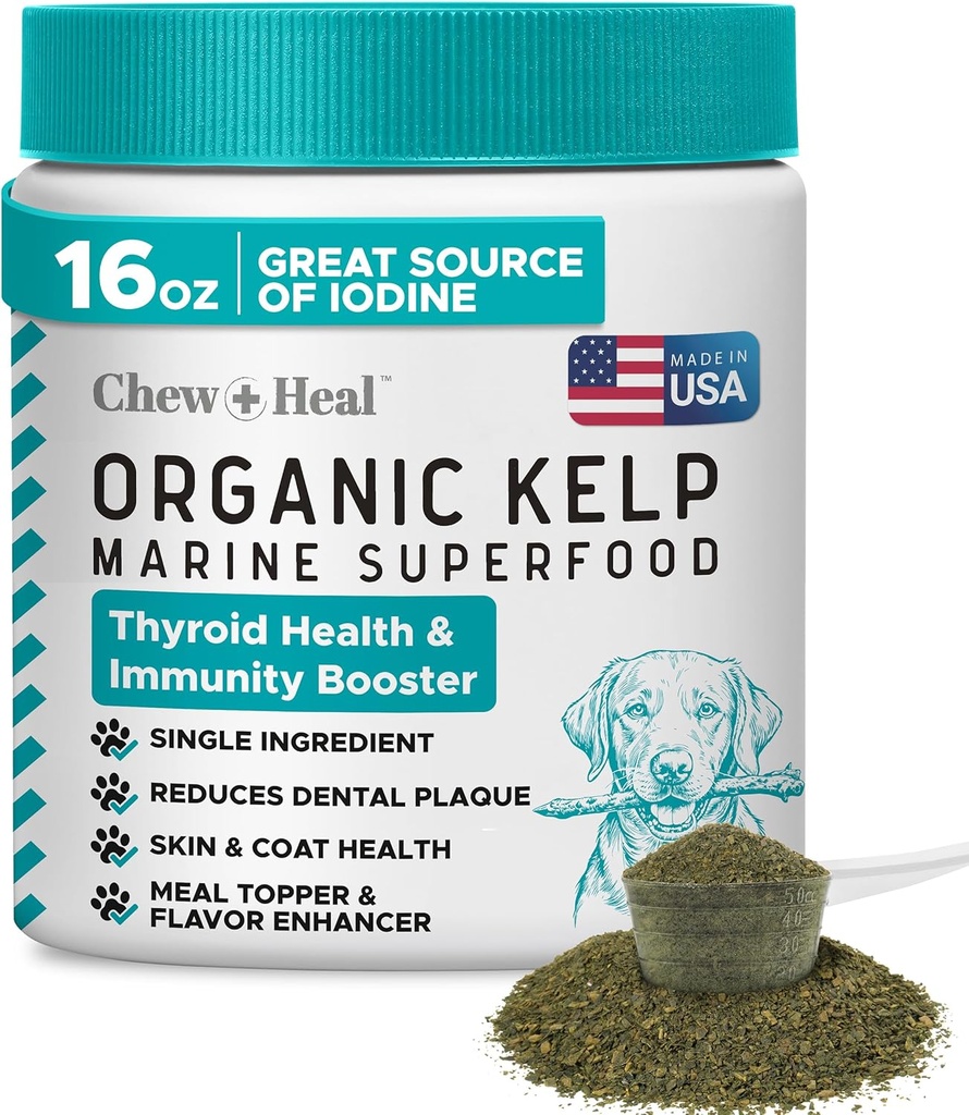 Kelp dodatek za pse - 16 oz Kelp Powder Granule s 5cc Spoon - Dobro za zdravo delovanje ščitnice, zmanjšanje zobne obloge, in zdravje kože - Izdelano v ZDA