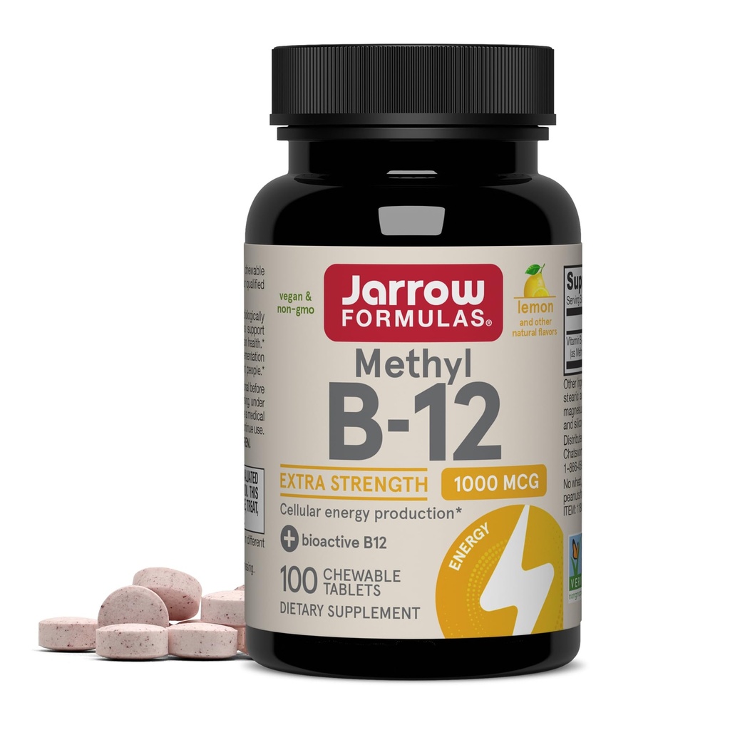 Jarrow Formule Extra Strength Metil B-12, Prehranska dopolnila za proizvodnjo celične energije, 100 limoninih žvečljivih tablet, do 100 dni dobave